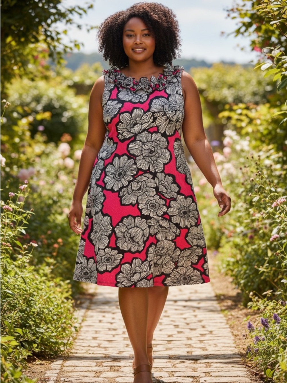 J.B.S. Hot Pink Floral Ruffle-Neck Sleeveless Midi Dress